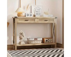 Rustieke Sidetable – Bijzettafel – Haltafel – Sofa Tafel – Opbergmeubel – Burlwood Variant – Houten Frame – 2 Rieten Lades – Open Opbergplank – 109 cm Breedte – Eenvoudige Montage