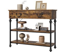 Rustieke, smalle sidetable met 2 lades en 2 open schappen, 100x30x80 cm, bruin