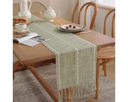 Rustieke Stijl Boerderij Tafelloper - Gevlochten Gestreepte Linnen - 305 cm - Decoratie Groen - 120 Inch Lang met Kwastjes - Eetkamer Keuken Dressoir