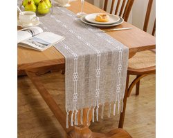 Rustieke tafelloper met kwastjes in Boheemse stijl - Gestreepte boerderij tafeldecoratie - Handgemaakte tafelloper met kwastjesborduurwerk - Perfect voor feest- en restaurantdecoratie (33x122cm)