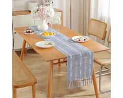 Rustieke tafelloper met kwastjes in Boheemse stijl - Gestreepte boerderij tafeldecoratie - Handgemaakte tafelloper met kwastjesborduurwerk - Perfect voor feest- en restaurantdecoratie (33x305cm)
