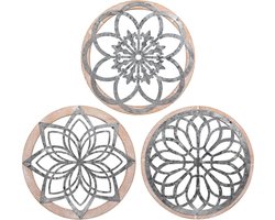 Rustieke wanddecoratie - handgemaakt - set van 3 - natuurlijk hout en ijzer