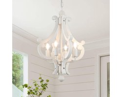 Rustieke Witte Houten Kroonluchter Vintage Stijl Landelijke Plafondlamp met 4 Lampen
