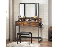 Rustieke zwart/bruine kaptafelset met spiegel en krukje