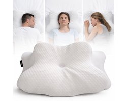 Rustiva® - Orthopedisch Vlinderkussen tegen Nekklachten - Apneu Slaapkussen – Ergonomisch Hoofdkussen van Verkoelend Traagschuim - Memory Foam voor Rug-, Zij- en Buikslapers – Ademvrij – 2 Hoogtes – Wit – NL Handleiding