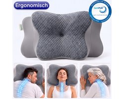 Rustiva® Vlinderkussen tegen Nekklachten – Orthopedisch Ergonomisch Hoofdkussen – 2 Hoogtes 12 & 14 cm – Verkoelend Memory Foam – Voor Rug-, Zij- en Buikslapers – Apneu Slaapkussen