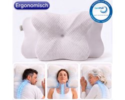 Rustiva® Vlinderkussen tegen Nekklachten – Orthopedisch Ergonomisch Hoofdkussen – 2 Hoogtes 12 & 14 cm – Verkoelend Memory Foam – Voor Rug-, Zij- en Buikslapers – Apneu Slaapkussen