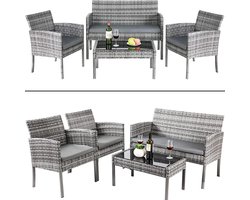 Rustive Tuinset - Tuinbank met Tafel - met Loungebank, Stoelen & Salontafel - met Kussens - Geschikt voor in de Achtertuin - Grijs