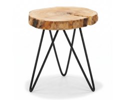 RV Design Boomstam Bijzettafel – Industrieel Hout & Zwart Metaal – Rond met Hairpin Poten – Ø 30 cm – Naturel / Zwart