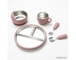 RVS Baby Bord - Kinderbord - TENZHVXI® - Veilig 304 Rvs En Bpa Vrij Siliconen - Vaatwasserbestendig Anti Mors Ontwerp - 5 Delige Set Met Lepel En Vork - Voor Peuters Bij Speelstoel