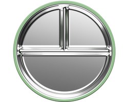 RVS Baby Bord - Roestvrijstalen Kinderbord met Siliconen Zuignap - Groen - Verdeelbord met 3 Vakjes - Antislip Bord voor Baby’s en Peuters - BPA-vrij - Vaatwasser- en Magnetronbestendig - 21x21 cm