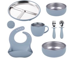 RVS Baby Servies Set - 7-delig Kinderservies met Blauwe Siliconen Zuignap - Roestvrijstalen Bord, Beker, 2 Kommen, Slab & Bestek - BPA-Vrij, Antislip, Vaatwasserbestendig & Hittebestendig - Duurzaam Eetset voor Baby’s en Peuters