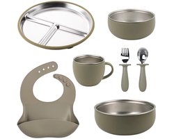 RVS Baby Servies Set - 7-delig Kinderservies met Groene Siliconen Zuignap - Roestvrijstalen Bord, Beker, 2 Kommen, Slab & Bestek - BPA-Vrij, Antislip, Vaatwasserbestendig & Hittebestendig - Duurzaam Eetset voor Baby’s en Peuter