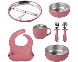 RVS Baby Servies Set - 7-delig Kinderservies met Roze Siliconen Zuignap - Roestvrijstalen Bord, Beker, 2 Kommen, Slab & Bestek - BPA-Vrij, Antislip, Vaatwasserbestendig & Hittebestendig - Duurzaam Eetset voor Baby’s en Peuters