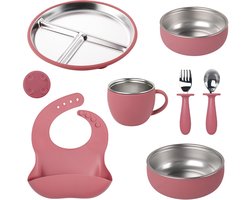 RVS Baby Servies Set - 7-delig Kinderservies met Roze Siliconen Zuignap - Roestvrijstalen Bord, Beker, 2 Kommen, Slab & Bestek - BPA-Vrij, Antislip, Vaatwasserbestendig & Hittebestendig - Duurzaam Eetset voor Baby’s en Peuters