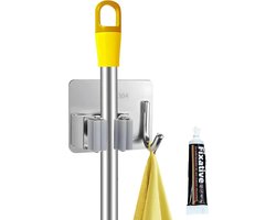 RVS Bezemhouder Zonder Boren met Haken - Sterke Wandhouder voor Keuken, Badkamer en Tuin