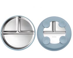 RVS Bord Baby - Roestvrijstalen Kinderbord - Met Siliconen Zuignap Blauw - Vaatwasserbestendig, magnetronbestendig & BPA-Vrij - Verdeelbord met 3 Vakjes - Kinderservies 21x21 cm - Antislip Bord voor Baby's en Peuters