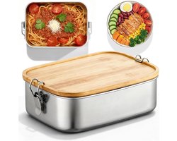 RVS broodtrommel met bamboe deksel - 1400 ml - BPA-vrij - lunchbox voor volwassenen en kinderen - snackbox met 3 compartimenten - duurzame brooddoos