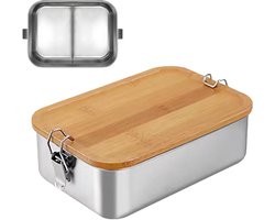 RVS Broodtrommel met Houten Deksel - Bento Lunchbox met 2/3 Vakken voor Brood en Snacks - BPA-vrij en Duurzaam