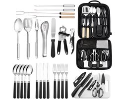 RVS Camping Bestek Set - Outdoor Kookgerei Set Met Opbergtas - Kampeer Keukengerei - Mes Lepel Vork Spatel Tang Set - Picknick BBQ Accessoires - Draagbare Camping Keuken Set - Zwart