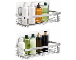 RVS Doucherek Zelfklevend Zonder Boren - 2 Laags - Douchemand Hangend - 15KG Draagvermogen - Planchet - 31x10cm - Zilver/Chroom