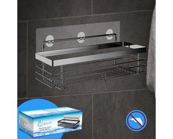 RVS Doucherek Zelfklevend Zonder Boren Zwart - Douchemandje met 15KG Draagvermogen - Planchet Badkamerrek - Shower Rack - 31x10cm