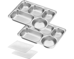 RVS Gedeelde Borden met 5 Compartimenten, Ideaal voor Maaltijden, Lunch en Diner, Inclusief Deksel