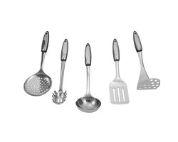 RVS keukengerei set 5 delig - kookgerei roestvrij staal - vaatwasserbestendig - ergonomische handgrepen - ophangbaar hittebestendig - soeplepel spaghettilepel schuimspaan - garde pureestamper - keukenhulpen set voor dagelijks koken
