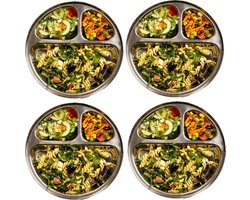 RVS Kinderbord met vakjes - Set van 4 - Vakjesbord - Bento Bord - rond - BPA vrij - Talli