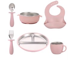 RVS Kinderservies - Baby Kommetje met Bord, Lepel en Vork, Slabbetje, Drinkbeker - Duurzaam Kinderservies - BPA-vrij Baby Bestek - Vaatwasserbestendig + Milieuvriendelijk Eetset