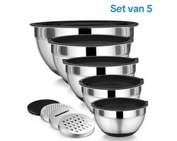 RVS Kommenset met Deksel – 5-delig (1L/1,5L/2,5L/3,5L/4,5L) – Mengkommen & Slakommen – Antislip, Stapelbaar, Vaatwasserbestendig – Inclusief Rasp