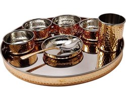 RVS Koperen Indische Tafelservies Set - Traditioneel Thali Borden, Kommen, Glas en Lepel