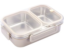 RVS Lunchbox - broodtrommel - Lunchbox - broodtrommel kinderen - broodtrommel lunchbox volwassenen - Luchtdicht - Beige twee roosters