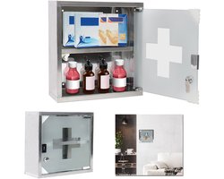 RVS Medicijnkastje – Wandmontage –2 Vakken – Mat Glazen Deur – Afsluitbare Medicijnkast voor Badkamer of Thuis – 30 x 30 x 12 cm - Zilver