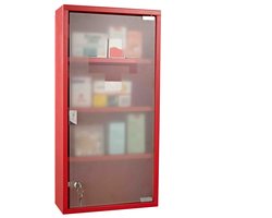 RVS Medicijnkastje – Wandmontage – 3 Vakken – Mat Glazen Deur – 25 x 12 x 48 cm - rood