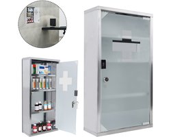 RVS Medicijnkastje – Wandmontage – 4 Vakken – Mat Glazen Deur – Afsluitbare Medicijnkast voor Badkamer of Thuis – 30 x 12 x 57,5 cm - Zilver