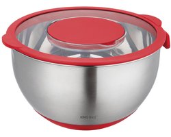 RVS Mengkom met Deksel – Multifunctioneel (5L, Rood) – Inclusief 3 Raspstanden, Maatverdeling en Antislip Rand – Voor Mengen, Raspen en Opslaan
