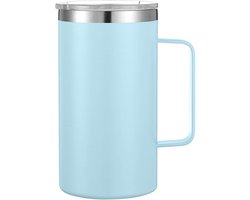 RVS Mok - Koffiebeker - RVS Beker - Koffiemok - Coffee Mug - Koffiekop met Oor - Thermo Mok - met Deksel - Dubbelwandige - 650 mL - Lichtblauw