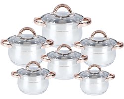 RVS Pannenset 12-delig – Inductie Geschikt – 5-Laags Bodem – Met Glazen Deksels – Koperkleurige Handgrepen – Casserra Italiana