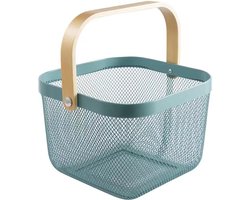 RVS picknickmand fruitmandje boodschappen winkelmandje met houten hengsel (24x24x18cm) grijsblauw