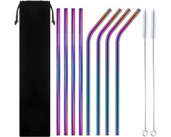 RVS rietjes - Set van 8 herbruikbare rietjes - 4 recht 4 gebogen - 21 cm - Stijlvol - Incl 2 schoonmaakborstels en bewaarzak - Multicolor