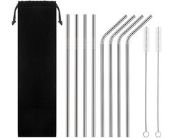 RVS rietjes - Set van 8 herbruikbare rietjes - 4 recht 4 gebogen - 21 cm - Stijlvol - Incl 2 schoonmaakborstels en bewaarzak - Zilver