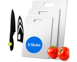 RVS Snijplankenset 3 STUKS – Titanium Look – Antibacterieel – Duurzaam – Vaatwasserbestendig – Inclusief Keukenmes met Beschermkap – 33x22,5 cm – 28,5x19,5 cm – 24,5x14,5 cm – Cutting Board