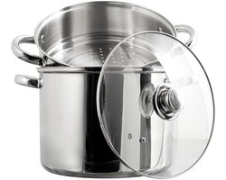 RVS Stoompan – Ø 25,5 x 33,5 cm – Grote Roestvrijstalen Stoomkoker met Glazen Deksel & Stomerinzet – Duurzame Stoof- en Stoompan voor Groenten, Vis, Rijst & Pasta – Zilverkleurig