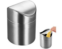 RVS Tafelvuilnisemmer Met Deksel - 2 Liter - Kleine Vuilnisbak Draagbaar afvalbakje - Tafelafvalbakje - Tafelvuilbakje - Bureau Ruimtebesparend - Mini Bureauprullenbak - Geschikt voor Bureau, Kantoor,Kaptafel, Nachtkastje Enz - Zilver