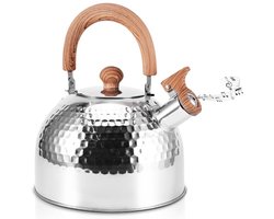 RVS Waterketel 2 Liter met Houten Handgreep en Fluitfunctie - Geschikt voor Inductie en Gasfornuis