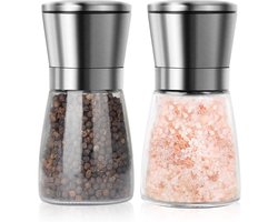 RVS zout en pepermolen set met glazen houder, handmatig navulbaar - verstelbare grofheid - keuken accessoires - 2 stuks