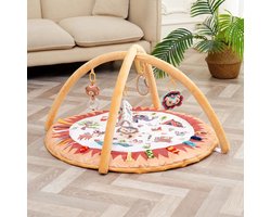 RWB® Speelgoedkleed Baby met Boog - Babygym - Babykleed - 0/12 Maanden - Rammelaars en Bijtring - Bruin - ‎90cm x 90cm x 50cm
