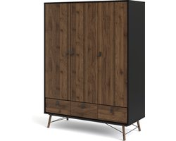 Rye Garderobe 3 deuren, 3 laden matzwart, walnoot decor.