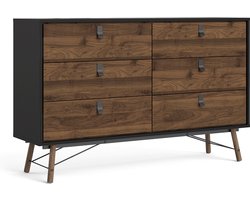 Rye Ladekast breed 6 laden matzwart, walnoot decor.